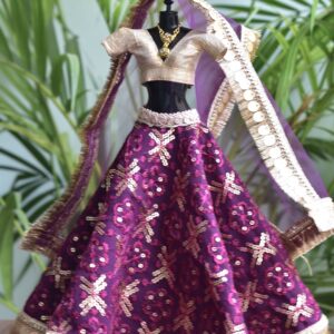 Wine and gold bridal lehenga for Barbie doll