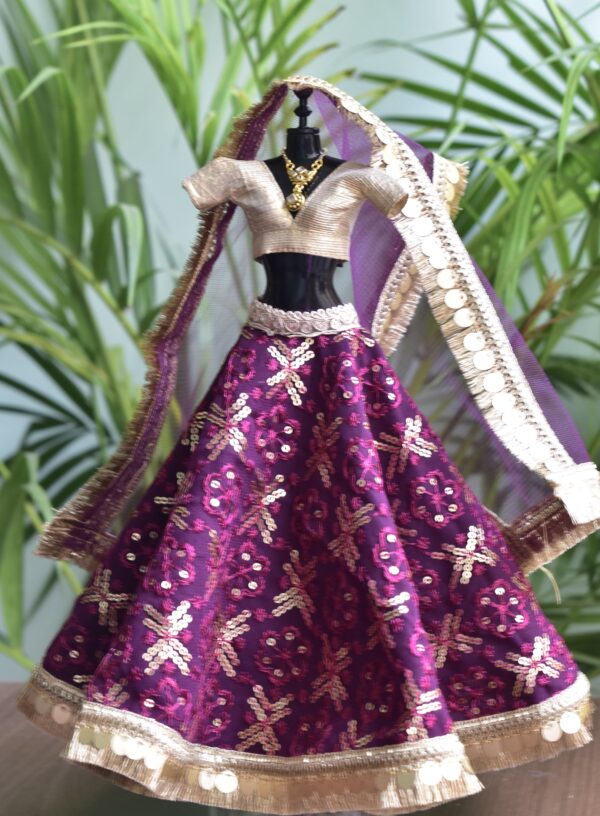 Wine and gold bridal lehenga for Barbie doll