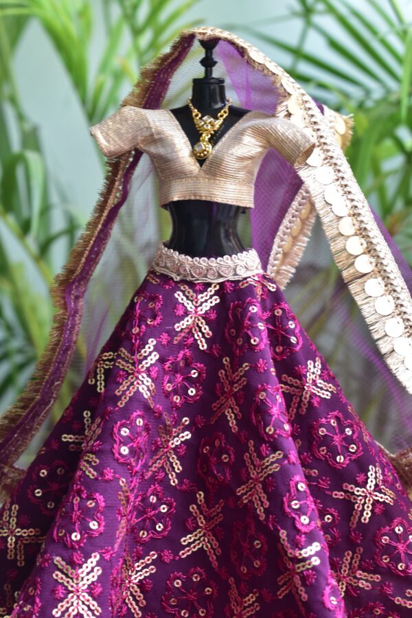Wine and gold bridal lehenga for Barbie doll
