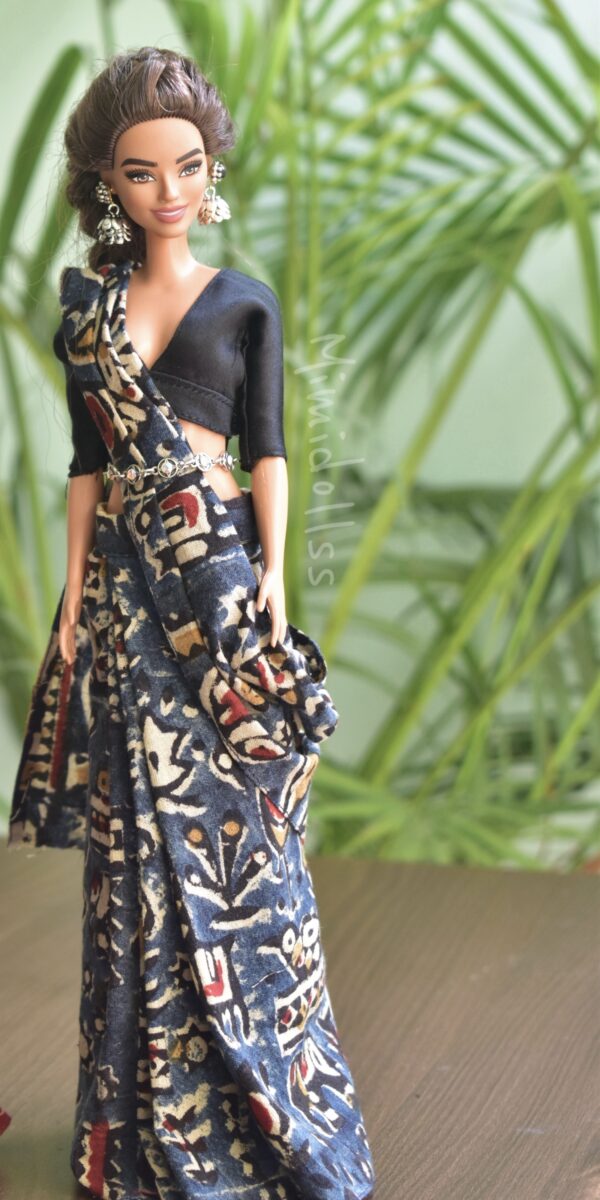 Indian Block printed Kalamkari saree with accessories for Barbie doll
