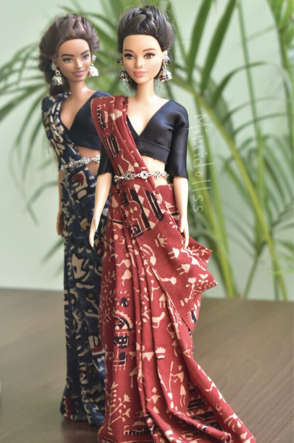 Indian block printed kalamkari saree with accessories for Barbie doll