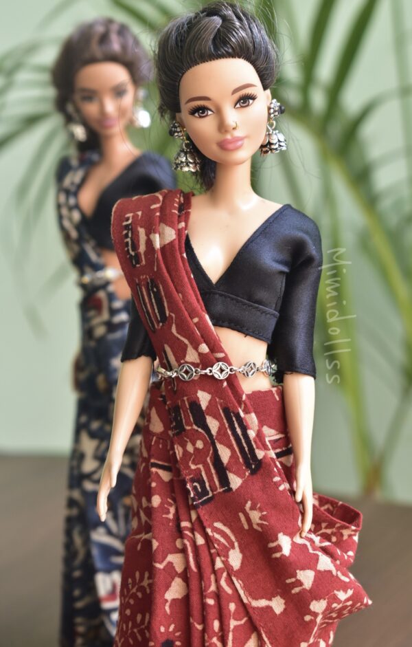 Indian block printed kalamkari saree with accessories for Barbie doll