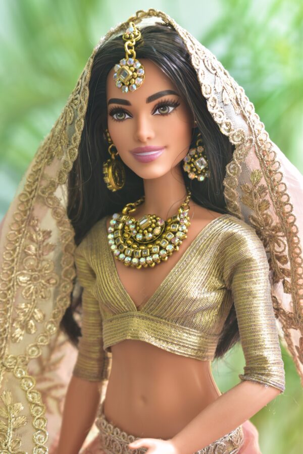 Pink and gold embroidered bridal lehenga for Barbie doll