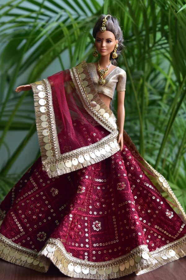 Maroon and gold bridal lehenga for Barbie doll