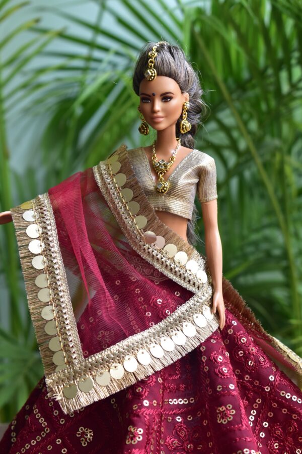 Maroon and gold bridal lehenga for Barbie doll