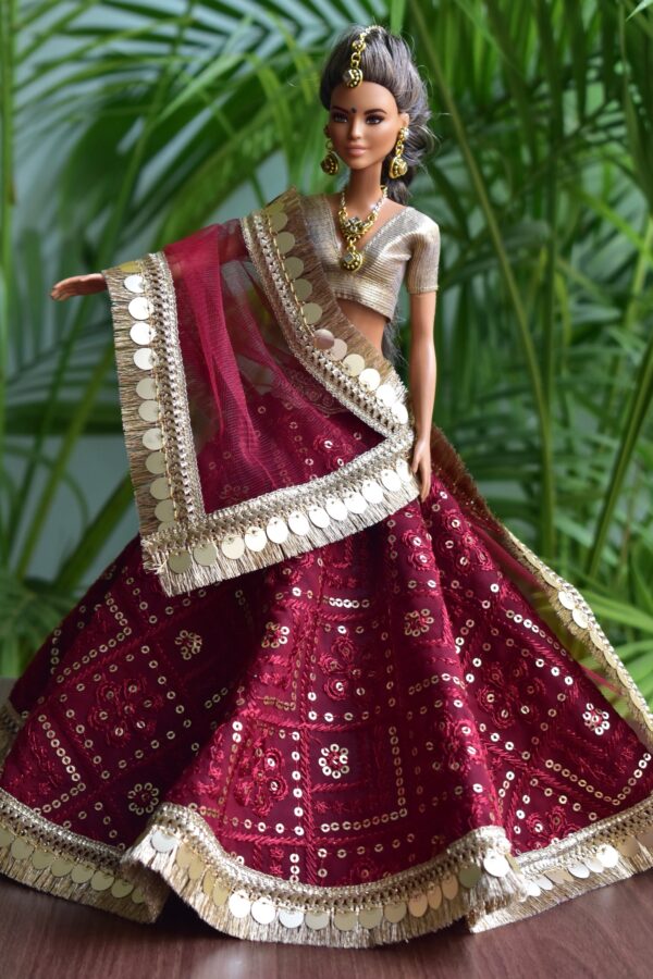 Maroon and gold bridal lehenga for Barbie doll