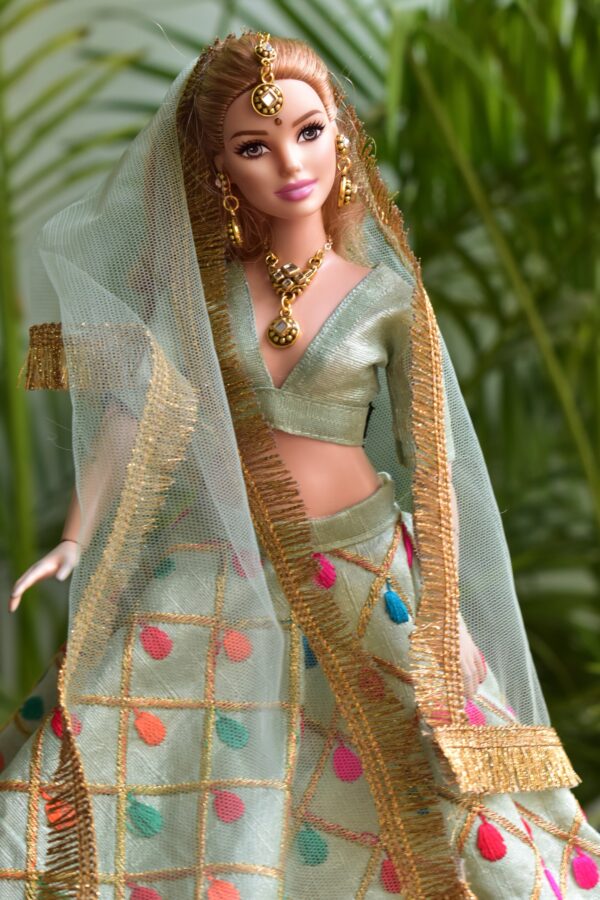 Mint green gold lehenga for curvy Barbie doll