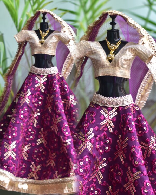 Wine and gold bridal lehenga for Barbie doll