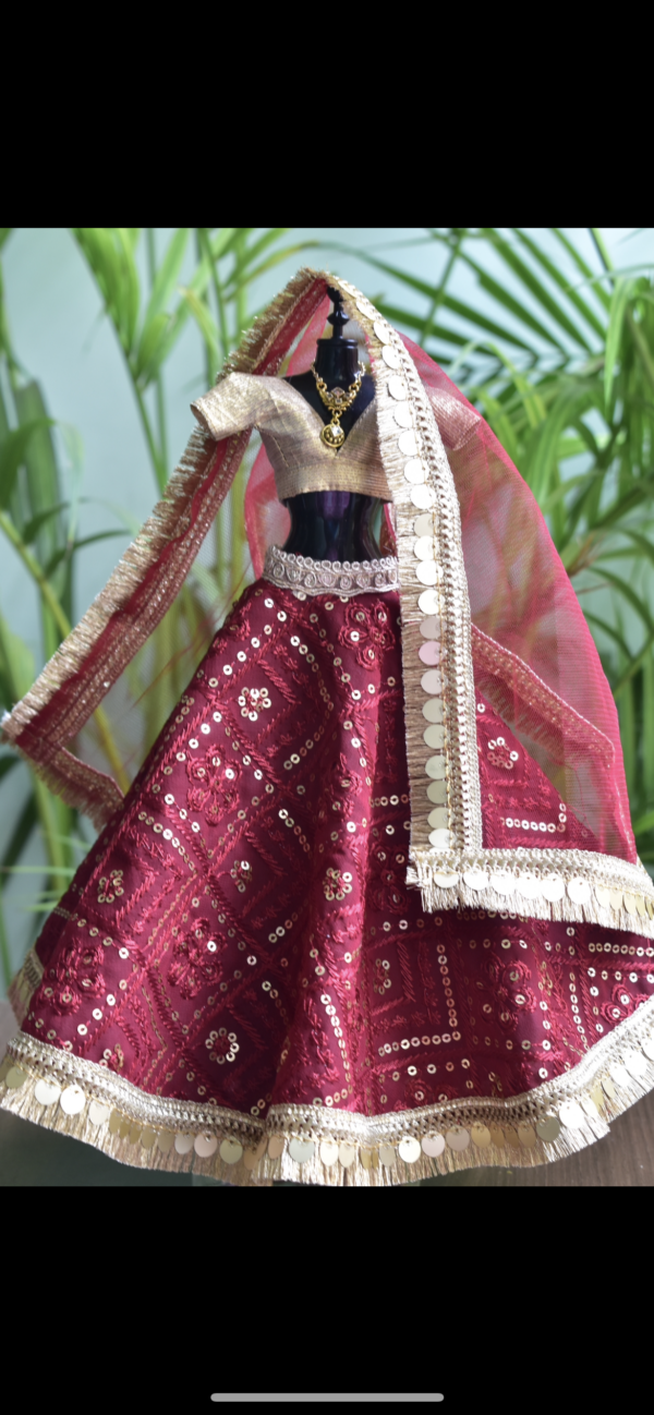 Maroon and gold bridal lehenga for Barbie doll