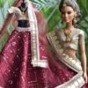 Maroon and gold bridal lehenga for Barbie doll