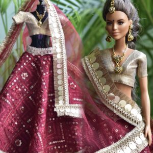 Maroon and gold bridal lehenga for Barbie doll