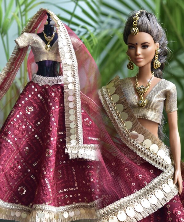 Maroon and gold bridal lehenga for Barbie doll