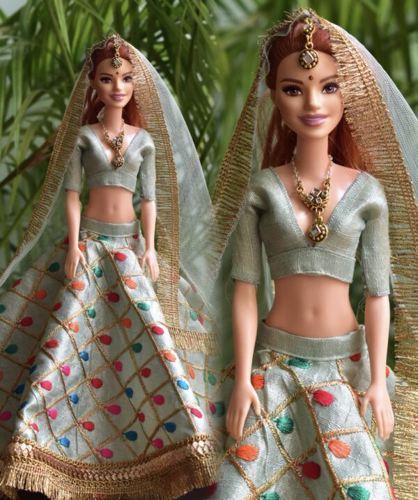 Mint green gold lehenga for Barbie doll
