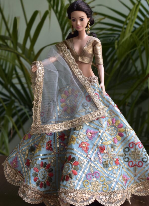 Embroidered blue lehenga for Barbie doll
