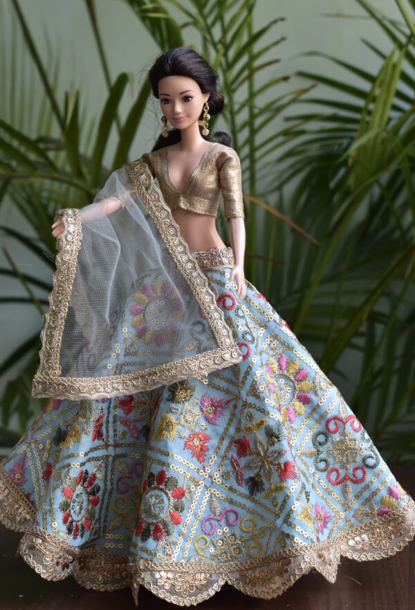 Embroidered blue lehenga for Barbie doll