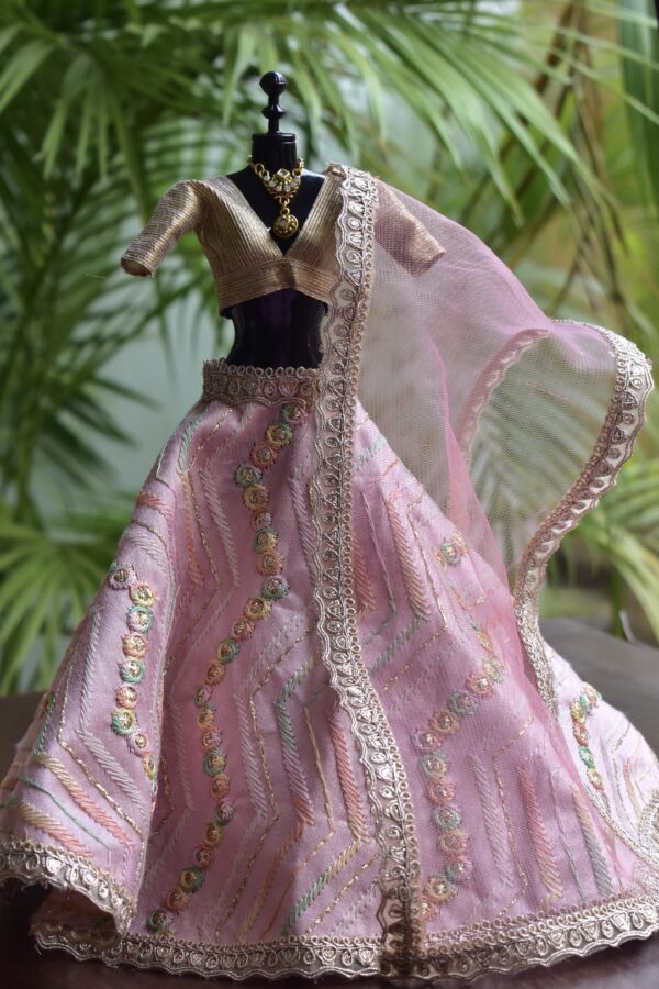 Embroidered blush pink lehenga with accessories for Barbie doll