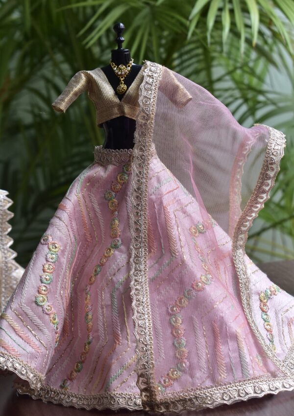 Embroidered blush pink lehenga with accessories for Barbie doll