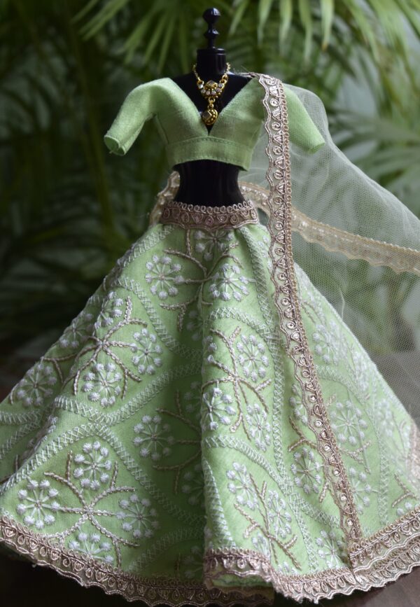 Embroidered green lehenga with accessories for Barbie doll