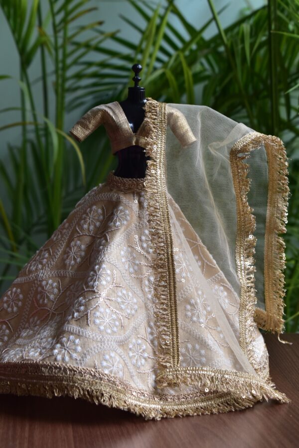 Beige and gold lehenga for Barbie doll