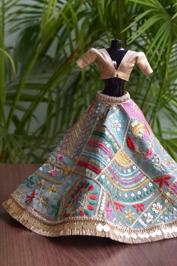 Embellished blue and gold Indian lehenga for Barbie doll