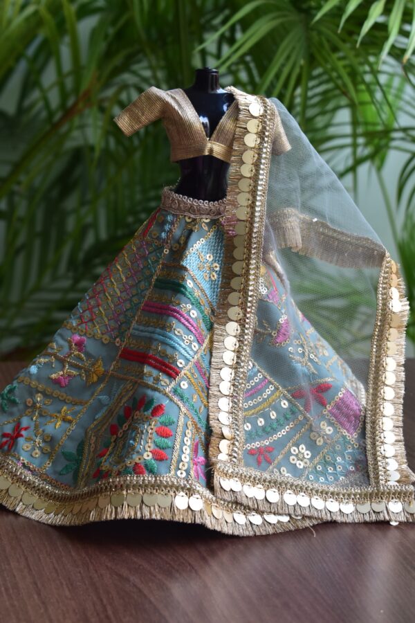 Embellished blue and gold Indian lehenga for Barbie doll