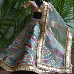 Embellished blue and gold Indian lehenga for Barbie doll
