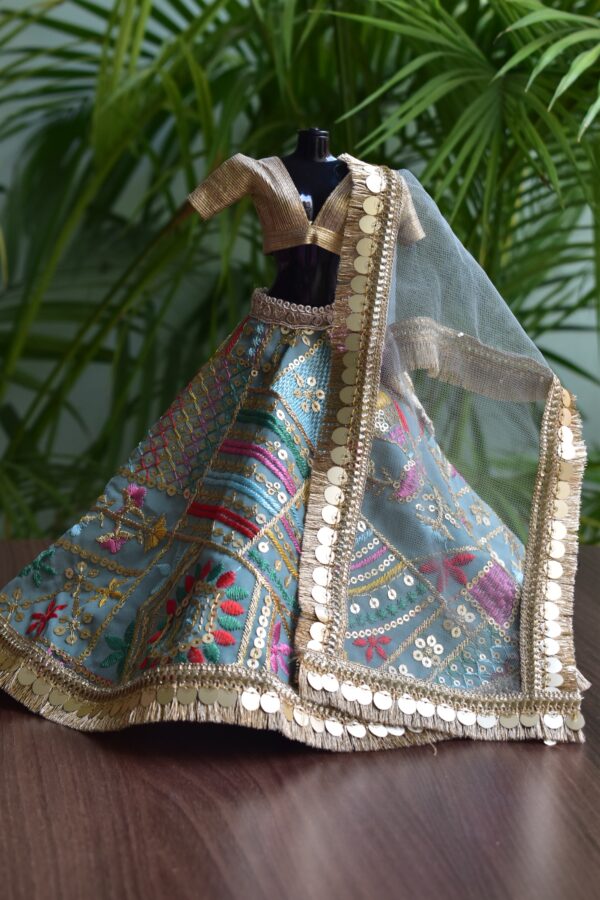 Embellished blue and gold Indian lehenga for Barbie doll
