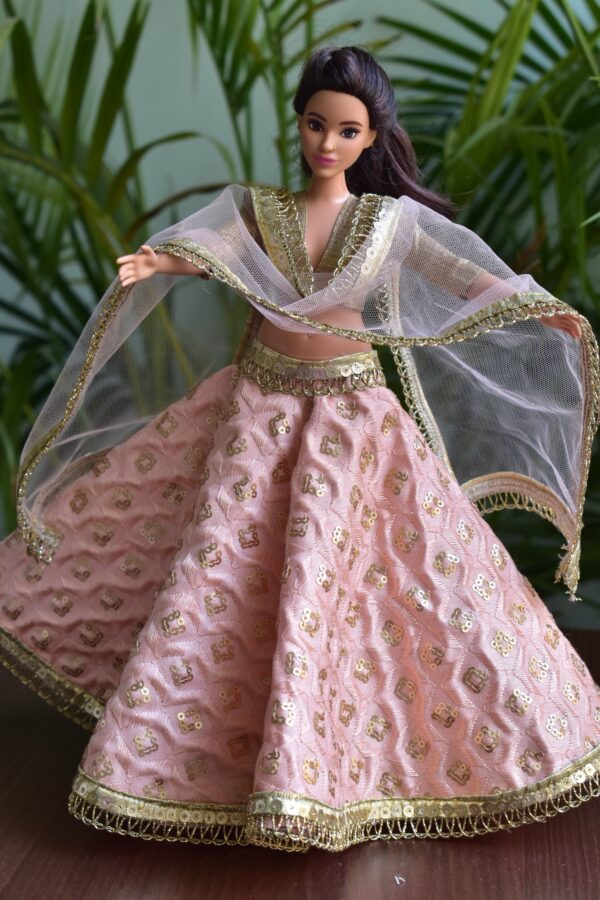 Embroidered peach and gold lehenga for curvy Barbie doll