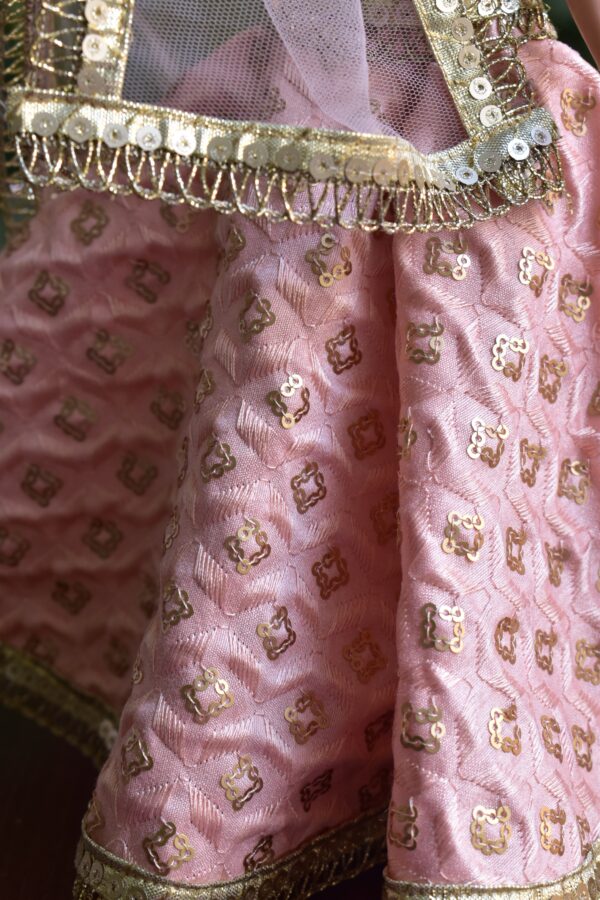 Embroidered peach and gold lehenga for curvy Barbie doll