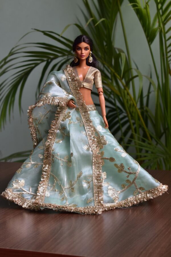 Embroidered mint green lehenga for Barbie doll