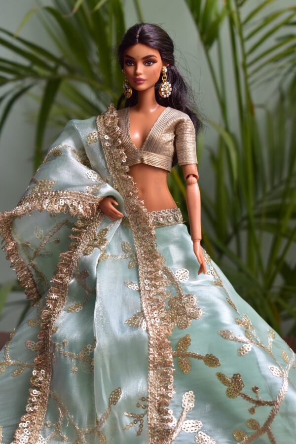 Embroidered mint green lehenga for Barbie doll