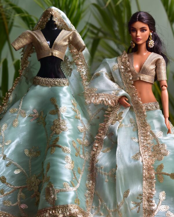 Embroidered mint green lehenga for Barbie doll