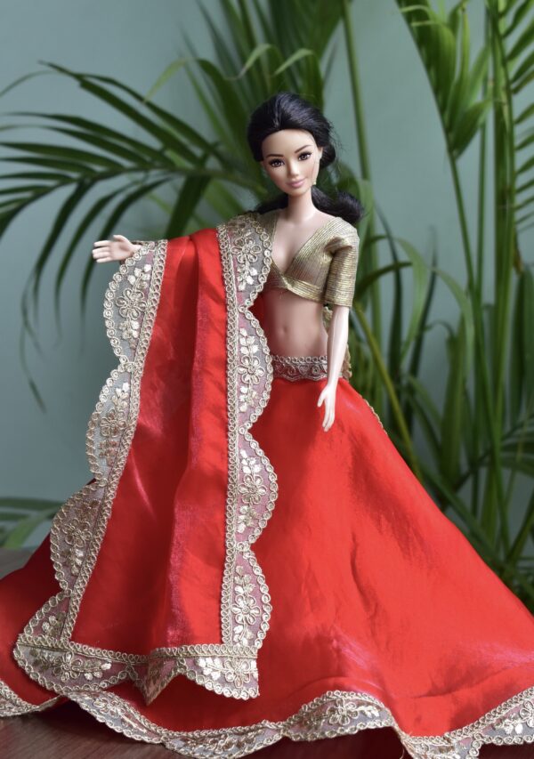 Red and gold festive lehenga for Barbie doll