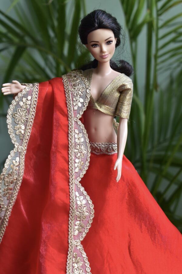 Red and gold festive lehenga for Barbie doll