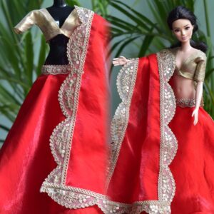 Red and gold festive lehenga for Barbie doll