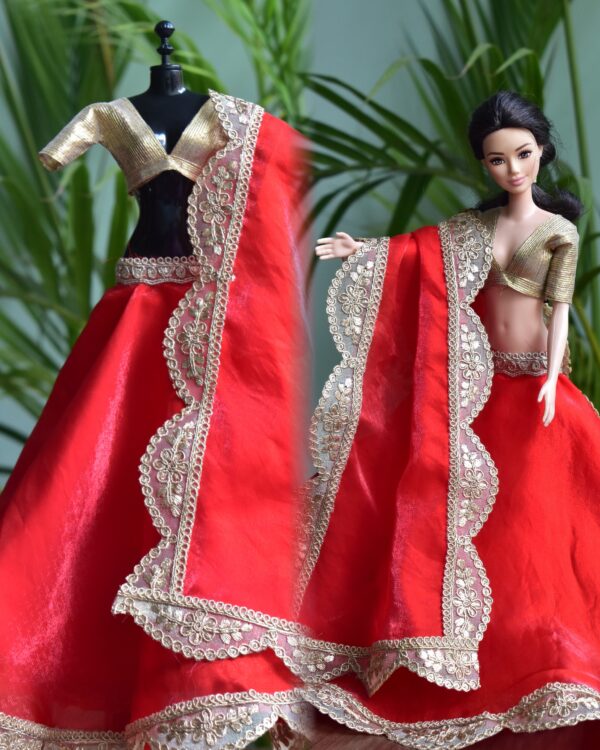 Red and gold festive lehenga for Barbie doll