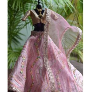 Embroidered blush pink lehenga with accessories for Barbie doll