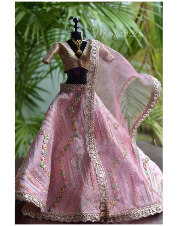 Embroidered blush pink lehenga with accessories for Barbie doll