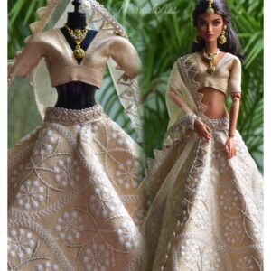 Embroidered beige lehenga with accessories for Barbie doll