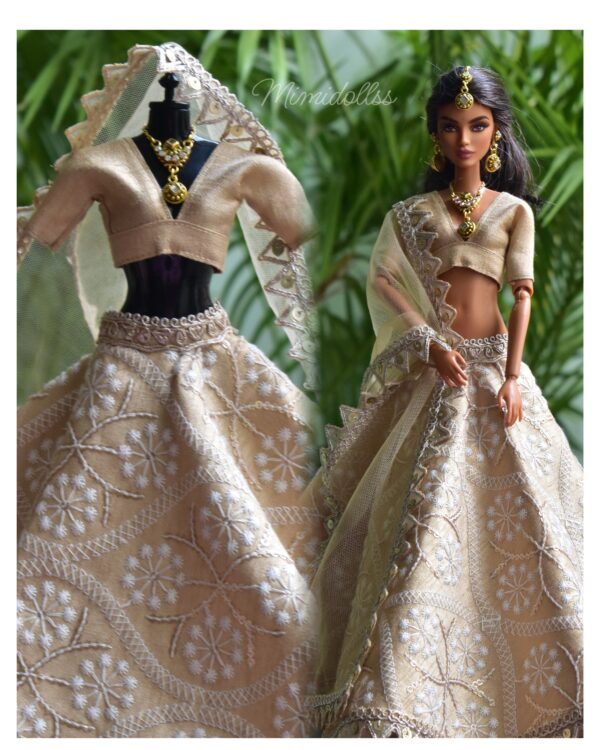 Embroidered beige lehenga with accessories for Barbie doll