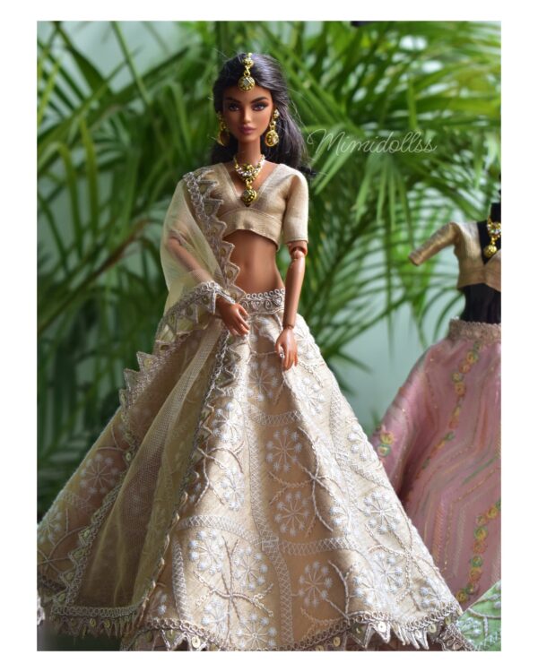 Embroidered beige lehenga with accessories for Barbie doll