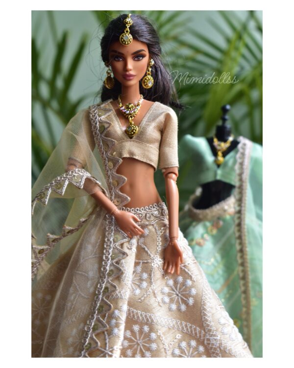 Embroidered beige lehenga with accessories for Barbie doll
