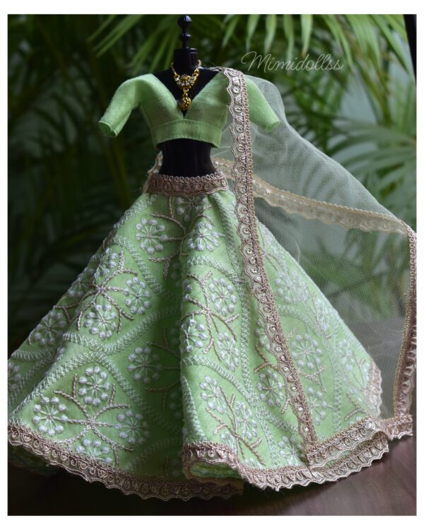 Embroidered green lehenga with accessories for Barbie doll