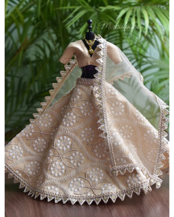 Embroidered beige lehenga with accessories for Barbie doll
