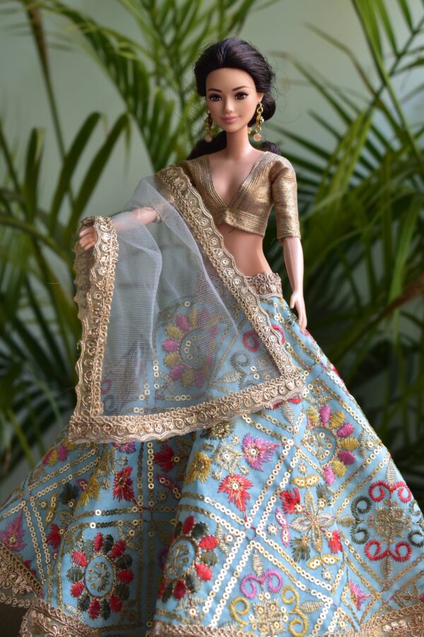 Embroidered blue lehenga for Barbie doll