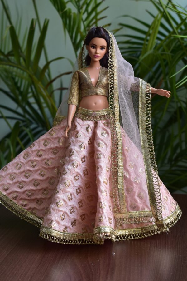 Embroidered peach and gold lehenga for curvy Barbie doll