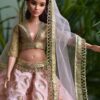 Embroidered peach and gold lehenga for curvy Barbie doll