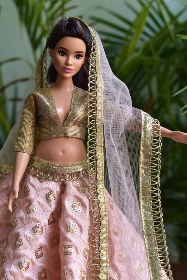 Embroidered peach and gold lehenga for curvy Barbie doll