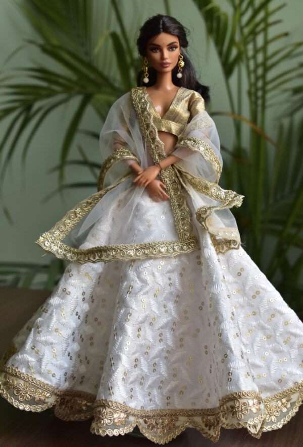 Embroidered white and gold lehenga for Barbie doll