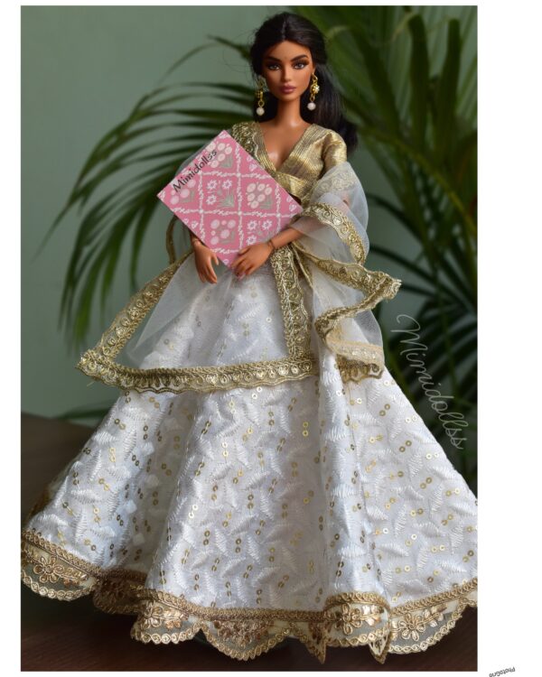 Embroidered white and gold lehenga for Barbie doll